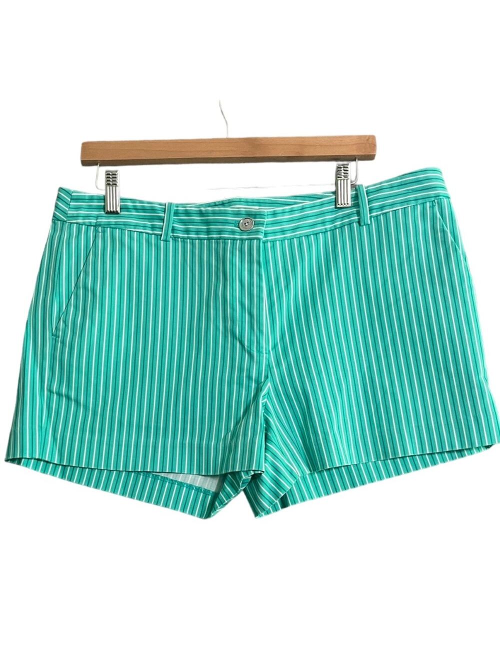 Michael Kors Turquoise Striped Shorts Women Size 12 Flat Front Button Zip Preppy